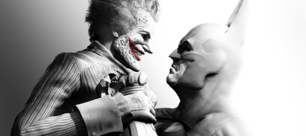 Batman holds the Joker up by his collar. He scowls and Joker smiles as they stare into each others eyes. It's black and white except for the Joker's lips, in red.
