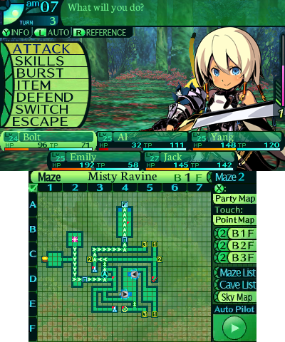 A 3DS screenshot. The top screen shows a combat menu, with options like Attack, Skills, and Escape, and character health bars. The bottom screen shows a dungeon map on a square grid, titled Misty Ravine. The map shows various icons indicating points of interest.