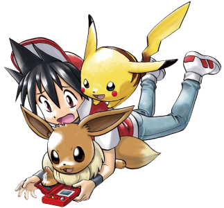 Red, a boy whose outfit suits his name, lays on his stomach. A Pikachu sits on his shoulder and an Eevee lays between him and the Pokedex he's holding. Red is distraught as Eevee happily presses buttons on the dex.