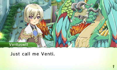 Ventuswill talking to the player. She is a large green dragon with curved black horns. Her feathered wings are orange. She says 'Just call me Venti.' The player is a generic blonde anime twink.