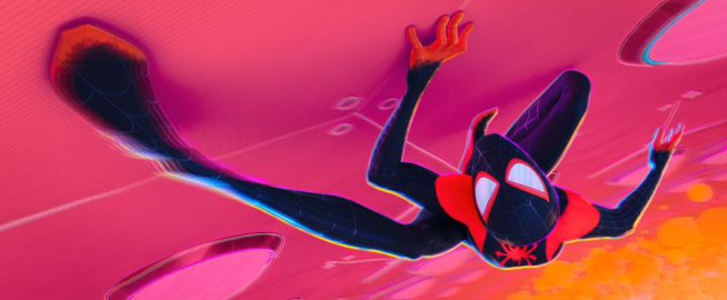 Miles Morales, in his Spider-Man costume, clings to a bright pink ceiling. His costume, originally red, is spray painted black, leaving the red to peak out on his hands and feet. A red spider is painted on his back.