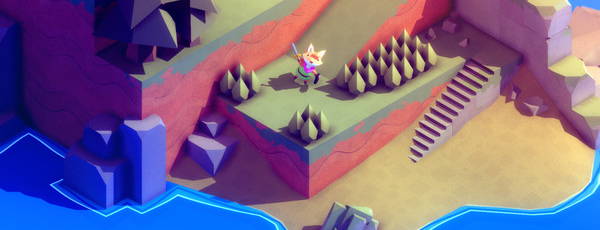 A little fox in a green tunic looks up towards the camera, raising their sword. They stand on a cliff near a beach. It's cute, isometric, and 3D. 
