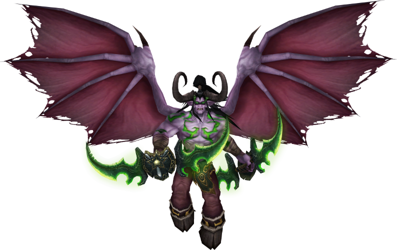 Demon Hunter from Warcraft 3. A night elf (just a guy with purple skin and pointy ears) demon hunter. He's buff and shirtless and he has large curved horns, tattered bat-like wings, and cloven hooves. He wears a blindfold, but his eyes glow green through it. He dual wields 'warglaives', but a glaive a polearm and this is not. It's like a sword that goes both ways? They're spiky and mean and very 'cool.'
