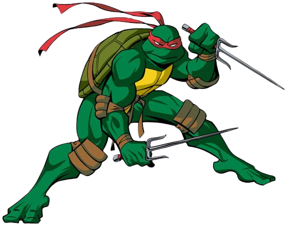 Raphael from Teenage Mutant Ninja Turtles. An anthropomorphic turtle wearing a red mask and wielding sai.