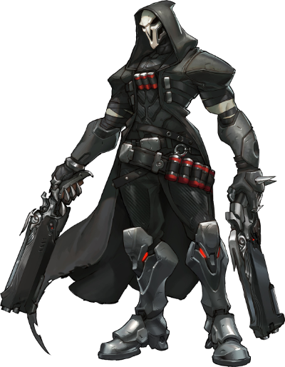 Reaper from Overwatch. A man wearing a white mask reminiscent of a skull. He's dual wielding shotguns and he's dressed in black militaresque combat armor and a long black coat with the hood up.