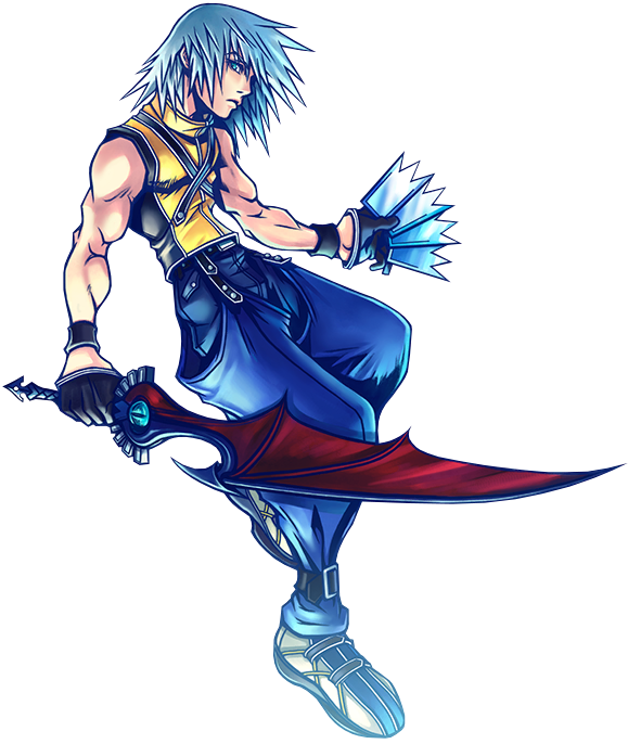 Riku from Kingdom Hearts. A boy with longish silver hair and a sword whose blade resembles a bat wing. He wears a sleeveless yellow shirt and jeans.