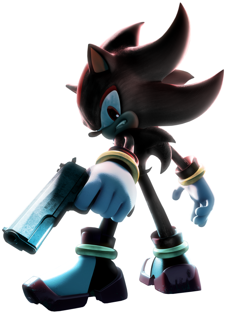 Shadow the Hedgehog. He's an anthropomorphic black hedgehog (sorta) with red streaks in his fur. He wears white and red gloves and boots. He's turned away but looking back over his shoulder with a mean scowl. He's holding a gun. Not a cartoony gun, a realistic pistol. He's dramatically backlit.