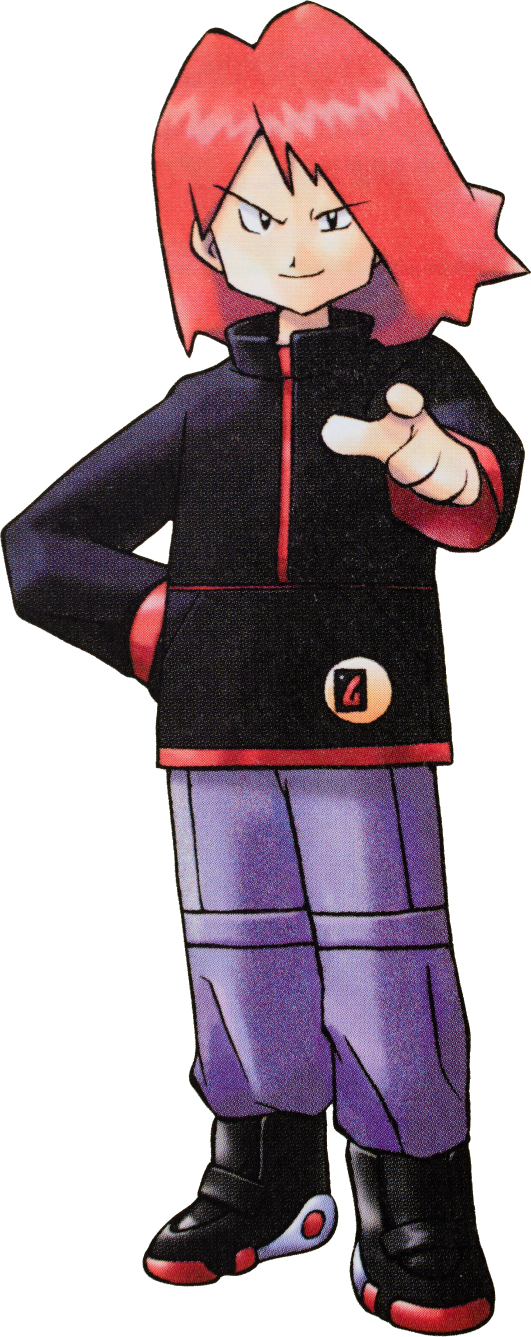 Silver from Pokemon. A smug-looking boy with shoulder length red hair, wearing a black jacket and jeans.