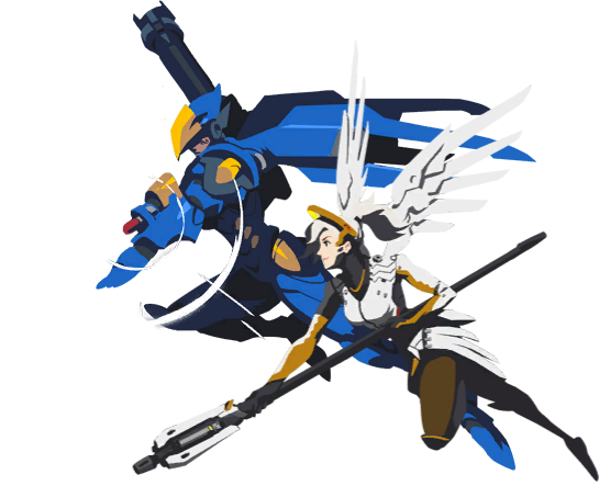 Two sprays from Overwatch edited to overlap. Pharah and Mercy are flying through the air together. Pharah wears blue armor that evokes a bird of prey, and fires off her Concussive Blast. Mercy wears a white and orange suit that gives her angelic wings, and holds her healing staff.